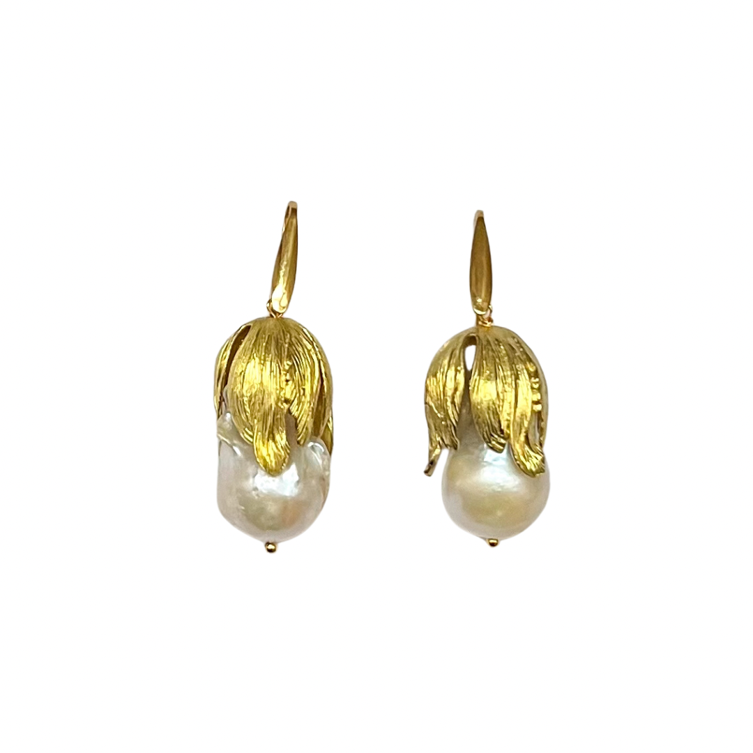 Baroque Pearl Cocooned in Golden Leaves Earrings