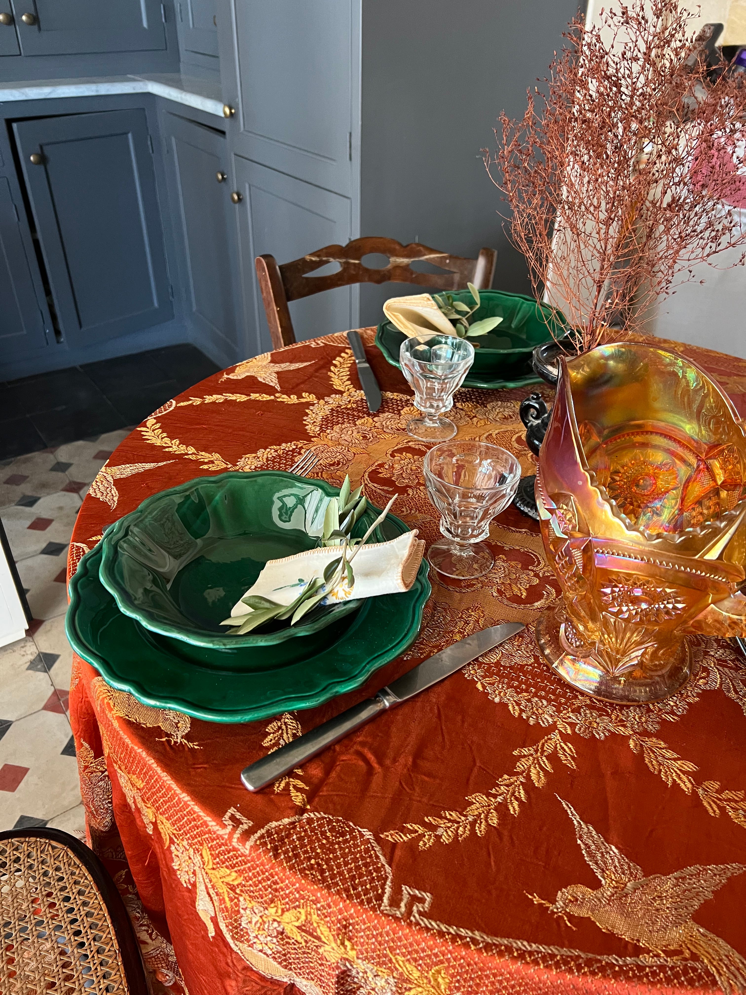 Antique Silk Burnt Orange Birds Table Cloth