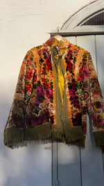 Load and play video in Gallery viewer, Vintage Kimono Jacket with Cherubs &amp; Green Fringe
